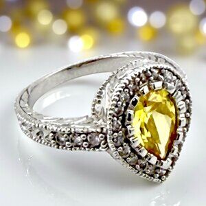 Sterling Silver Lemon Yellow Crystal Ring • Size 6.5 • Teardrop Halo • 925